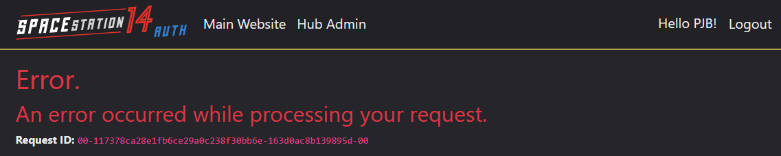 Экран ошибки авторизации Space Station 14 с сообщением “An error occurred while processing your request.”